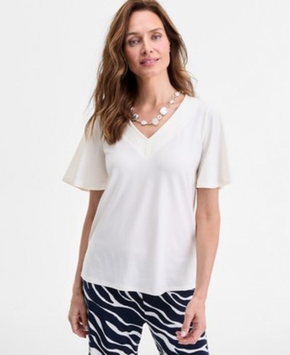 JM Collection VNeck Crepe Short Sleeve Knit Top Women's M Whisper White Pullover